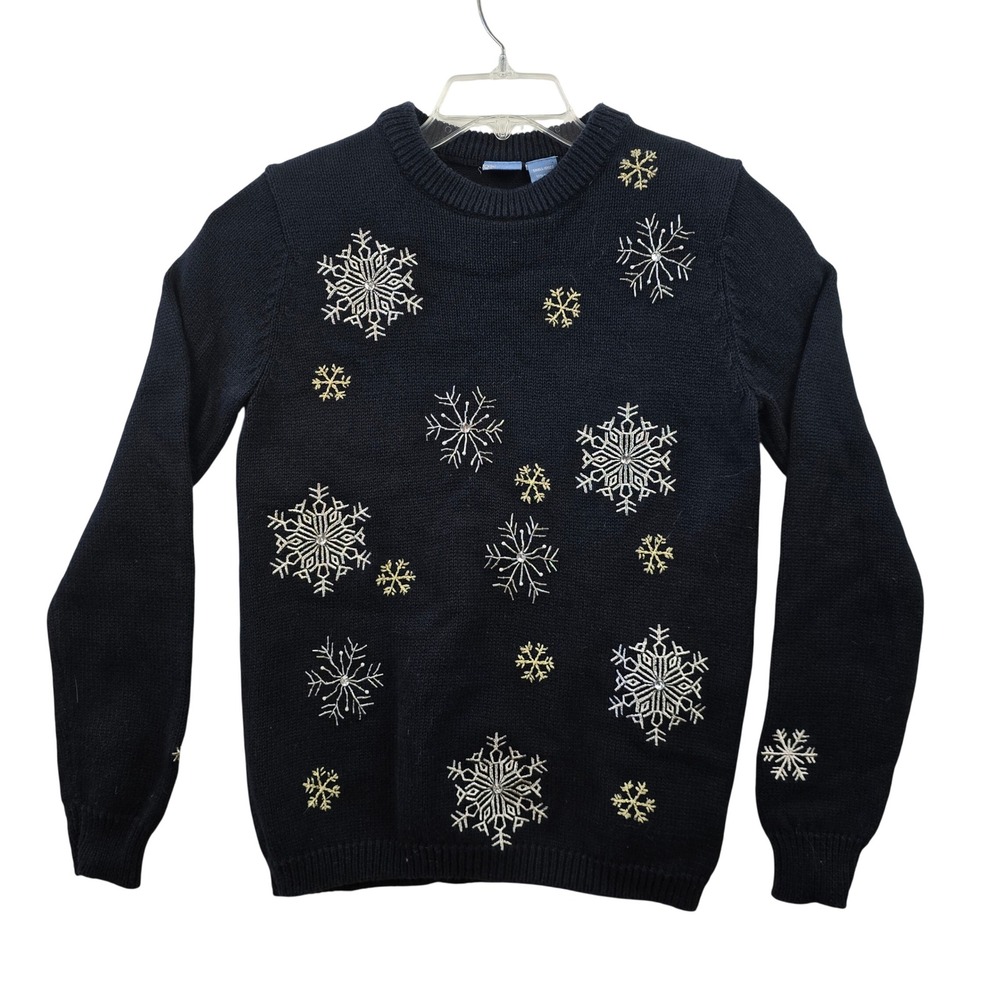 Vintage Y2K Womens Black Snowflake Winter Goth Holiday Editions Sweater Small